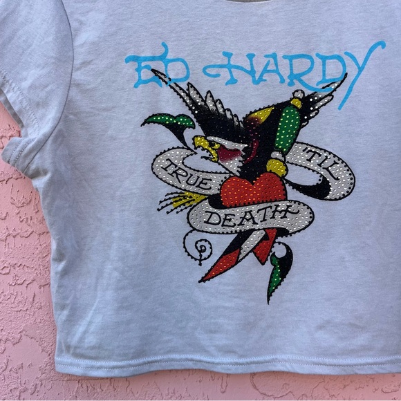 Ed Hardy Gray Cropped T-Shirt Heart Eagle Embellished Y2K Size XL - Picture 2 of 7